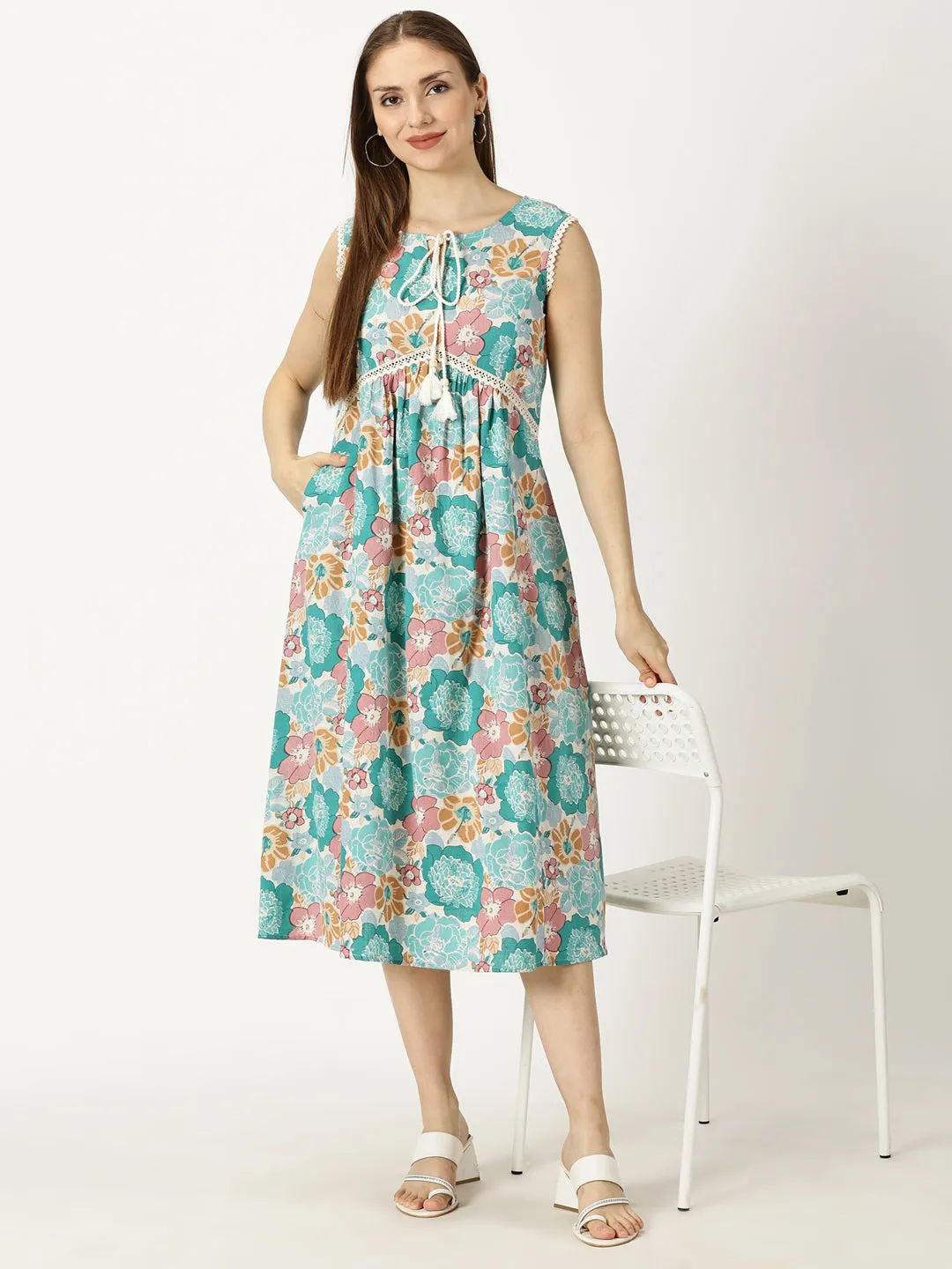 Turqouise Floral Printed Dress with Braided Neck Tie-up and Lace inserts