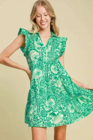 Umgee Full Size Printed Ruffle Cap Sleeve Babydoll Dress