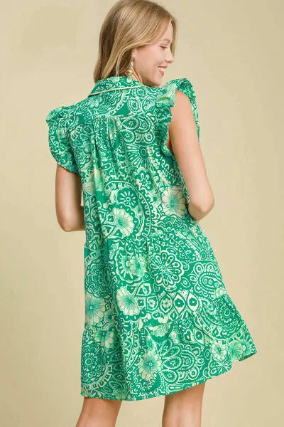 Umgee Full Size Printed Ruffle Cap Sleeve Babydoll Dress
