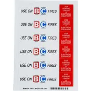 USE ON B: FLAMMABLE LIQUIDS C: ELECTRICAL EQUIPMENT FIRES FOR BURNING LIQUIDS or… Labels