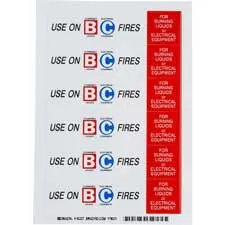 USE ON B: FLAMMABLE LIQUIDS C: ELECTRICAL EQUIPMENT FIRES FOR BURNING LIQUIDS or… Labels
