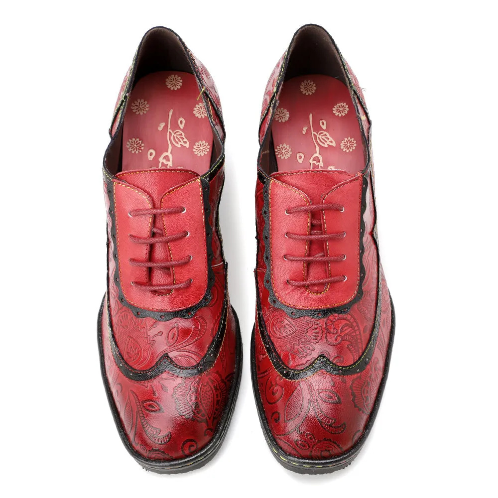 Vicconfy | Floral Embossed Leather Oxford Pumps