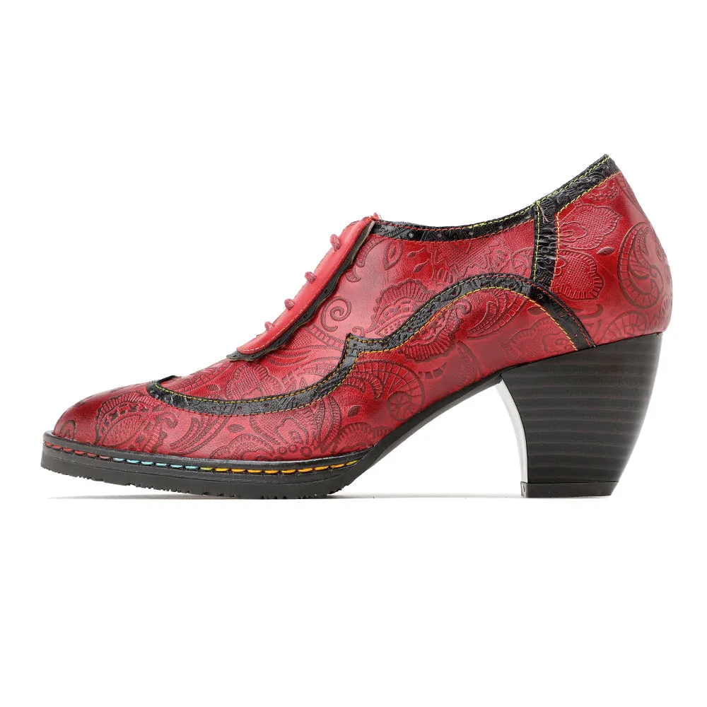 Vicconfy | Floral Embossed Leather Oxford Pumps