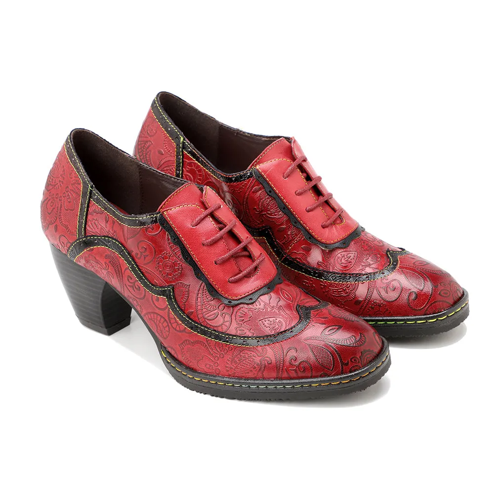 Vicconfy | Floral Embossed Leather Oxford Pumps