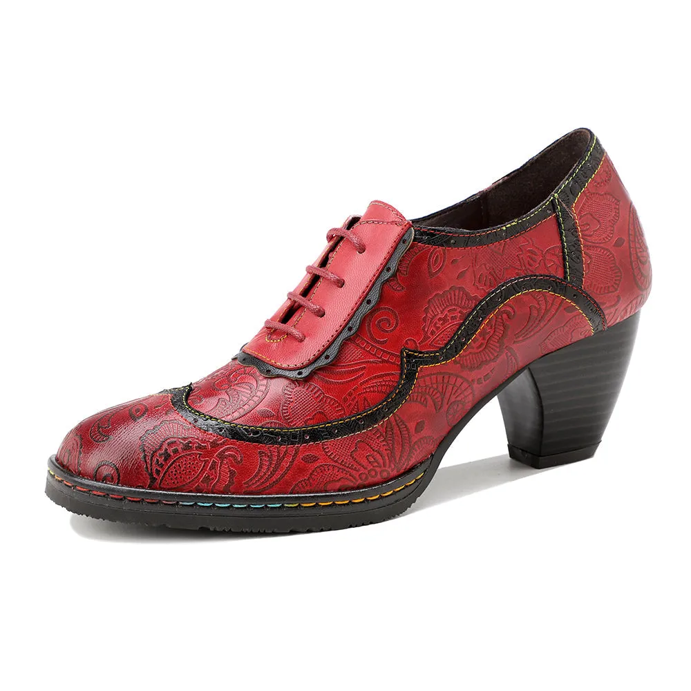 Vicconfy | Floral Embossed Leather Oxford Pumps
