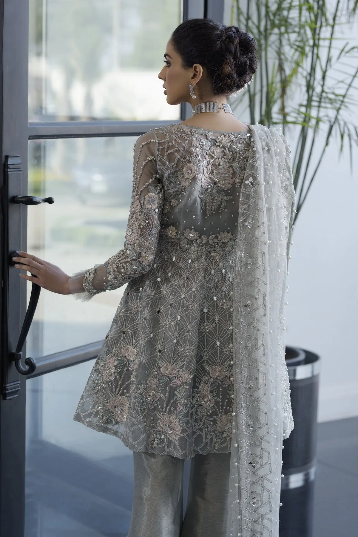 Wedding Party Gharara Dress in Gray Color #Y2005