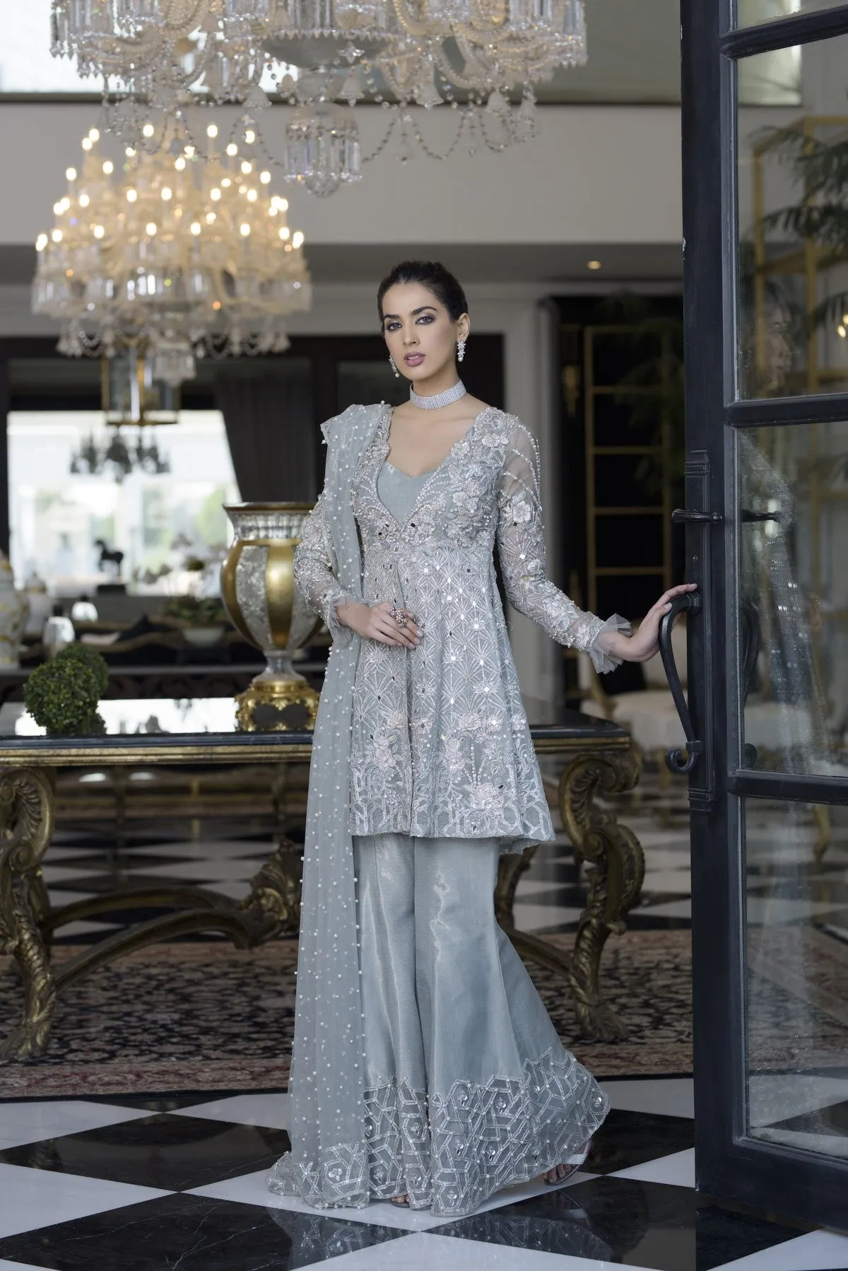 Wedding Party Gharara Dress in Gray Color #Y2005