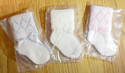 Will'beth Knit Ribbon Socks Baby Booties Newborn 0-3 Months White Pink Blue Girls or Boys
