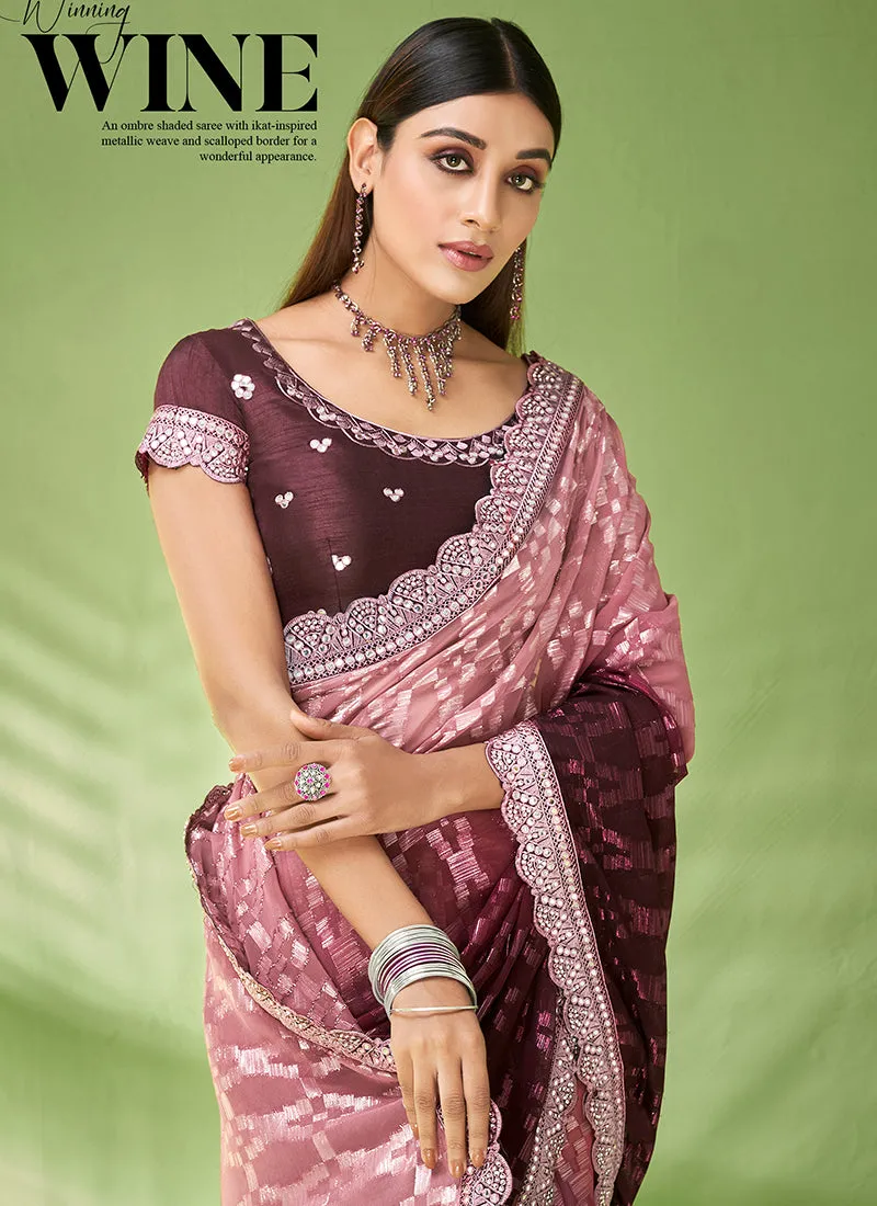 Wine Designer Georgette Embroidered Festive Saree