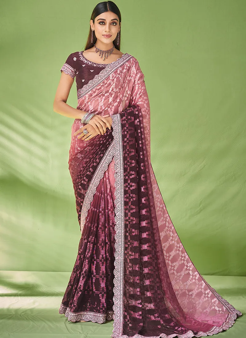 Wine Designer Georgette Embroidered Festive Saree