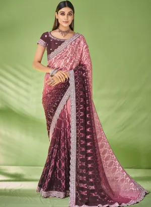 Wine Designer Georgette Embroidered Festive Saree