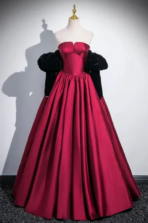 Wine Red Satin Long Party Dress with Black Sleeves, A Line Prom Dress APP1106