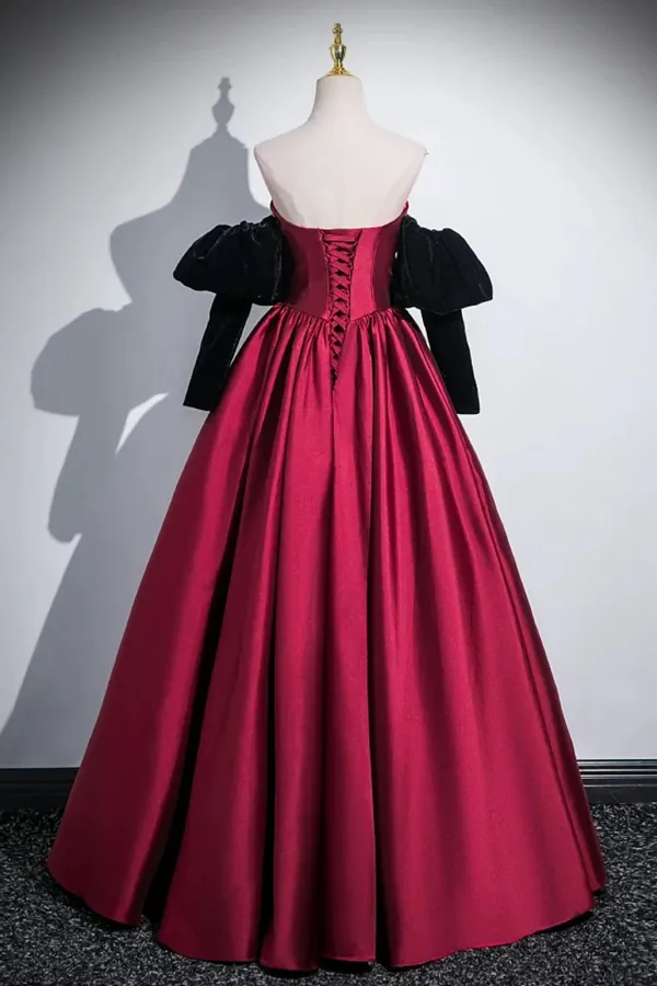 Wine Red Satin Long Party Dress with Black Sleeves, A Line Prom Dress APP1106