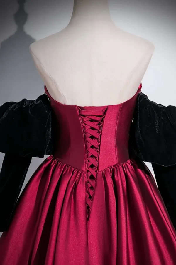 Wine Red Satin Long Party Dress with Black Sleeves, A Line Prom Dress APP1106