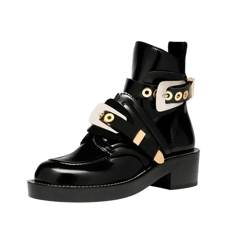 Women Ankle Motorcycle Martin Boots Hollow out autumn Shoes Patent Leather Fashion black Ladies Booties metal buckle 100411