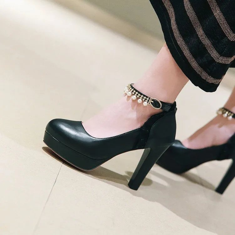 Women's Ankle Strap Chunky Heel Platform Pumps