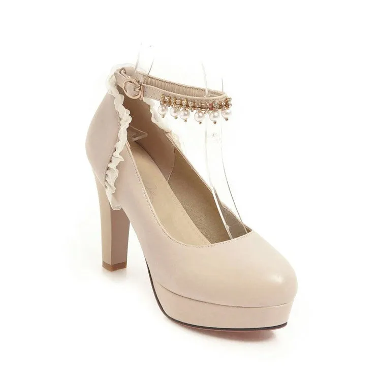 Women's Ankle Strap Chunky Heel Platform Pumps