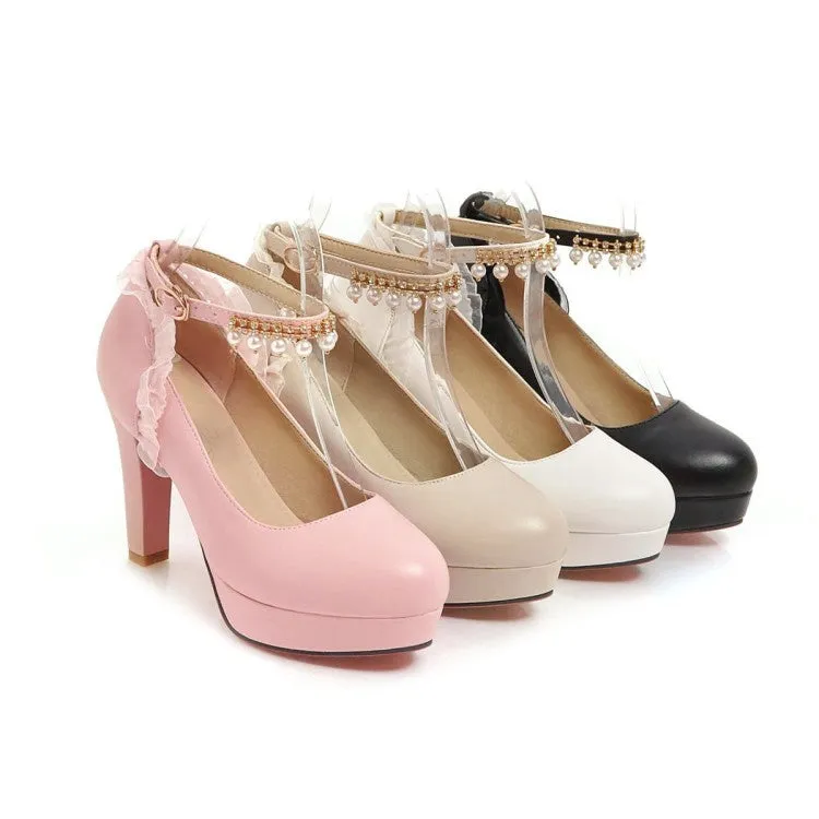 Women's Ankle Strap Chunky Heel Platform Pumps