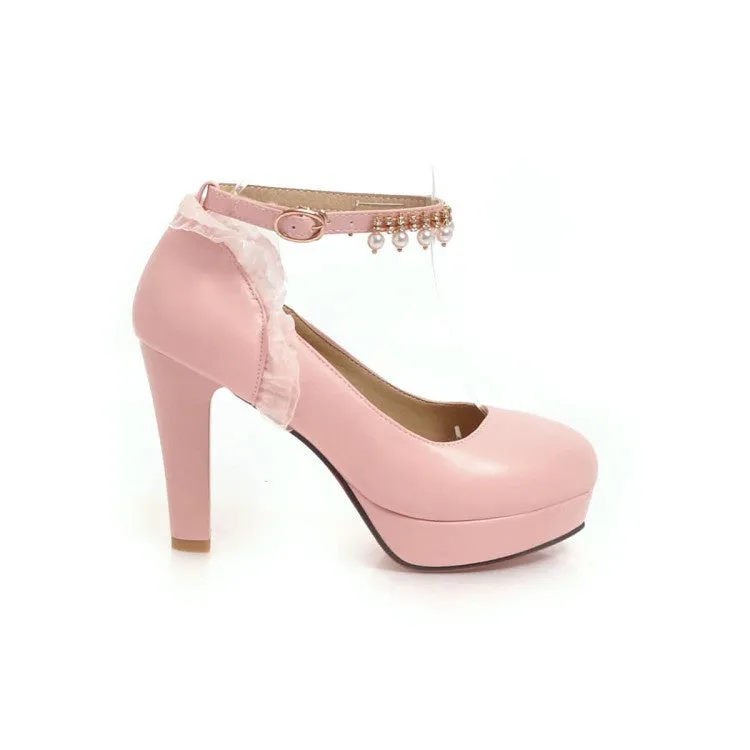 Women's Ankle Strap Chunky Heel Platform Pumps