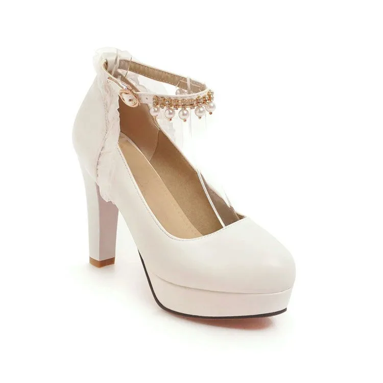 Women's Ankle Strap Chunky Heel Platform Pumps