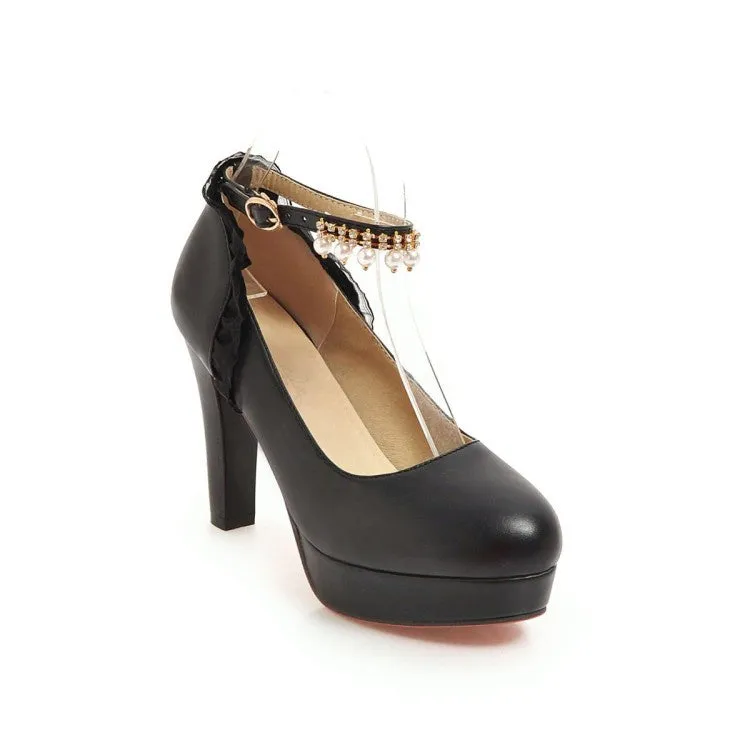 Women's Ankle Strap Chunky Heel Platform Pumps
