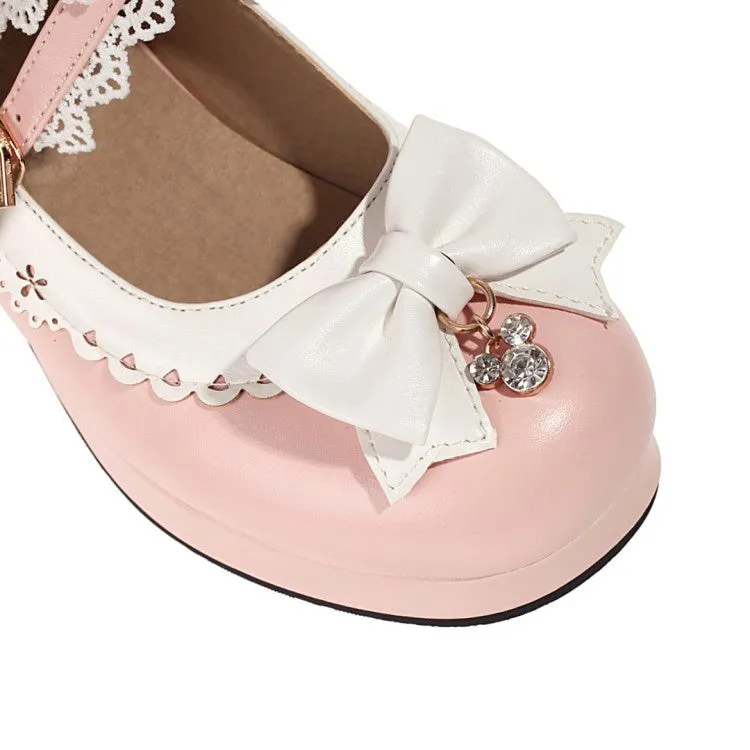 Women's Bow Tie Rhinestone Chunky Heel Platform Pumps
