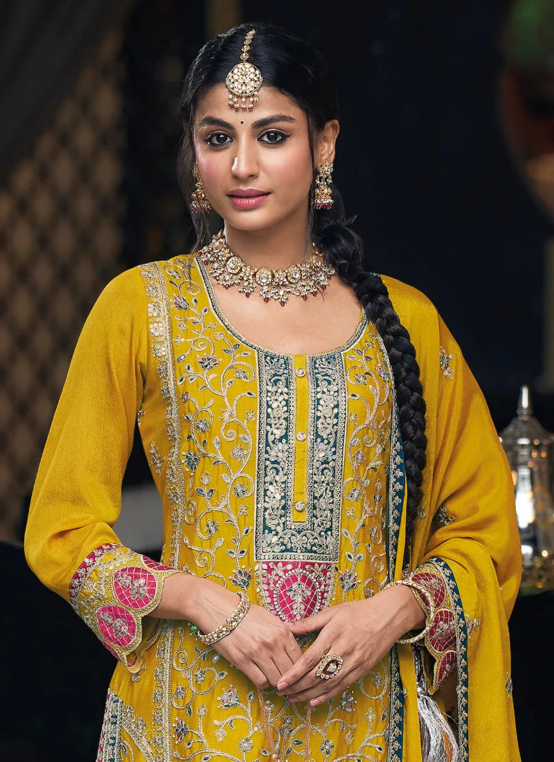 Yellow Multi Embroidery Traditional Palazzo Style Suit